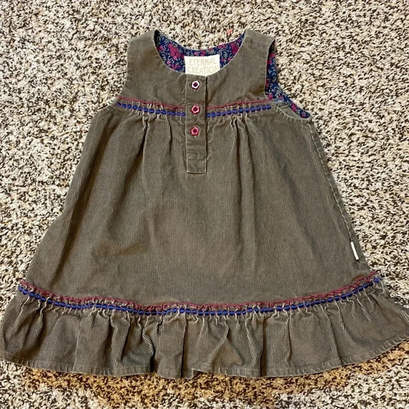 Eternal Creation Green Corduroy Dress Ruffled Peplum Bottom & Embroidered Detail - Picture 1 of 7